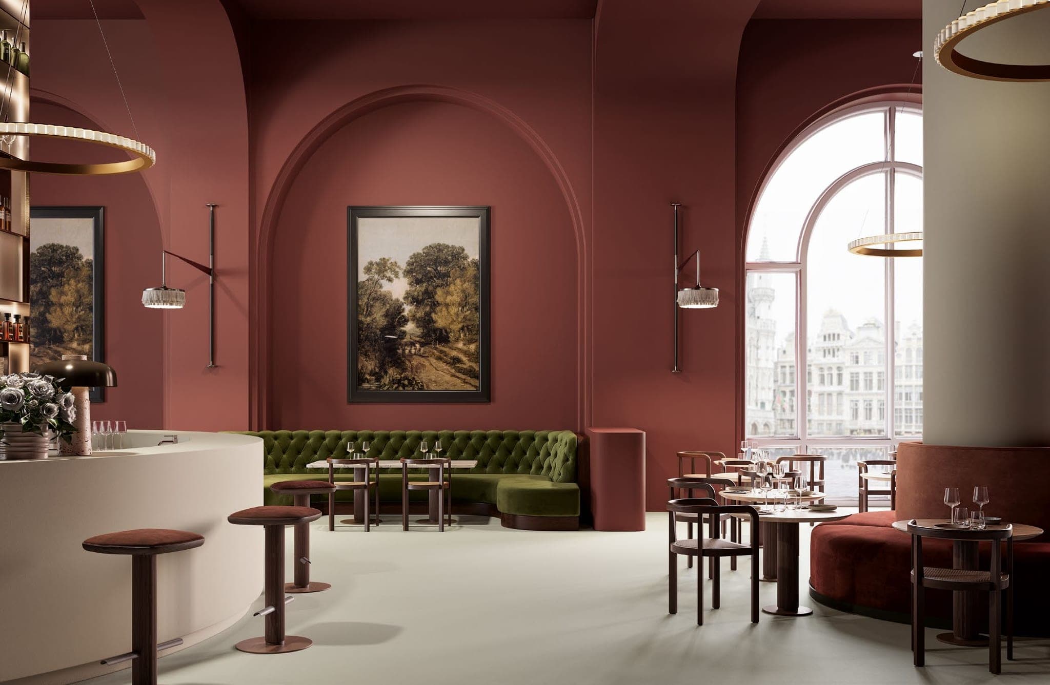 Restaurant avec sol continu Solidro clair et murs terracotta (© Ideal Work®)